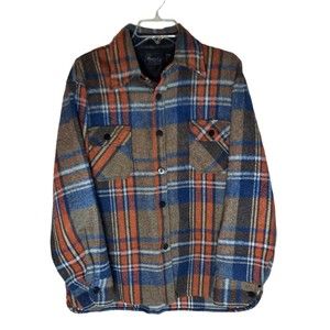 Brewster Men Large L Flannel Heavy Shirt Jacket Wool Linen Blue Brown Rust Plaid